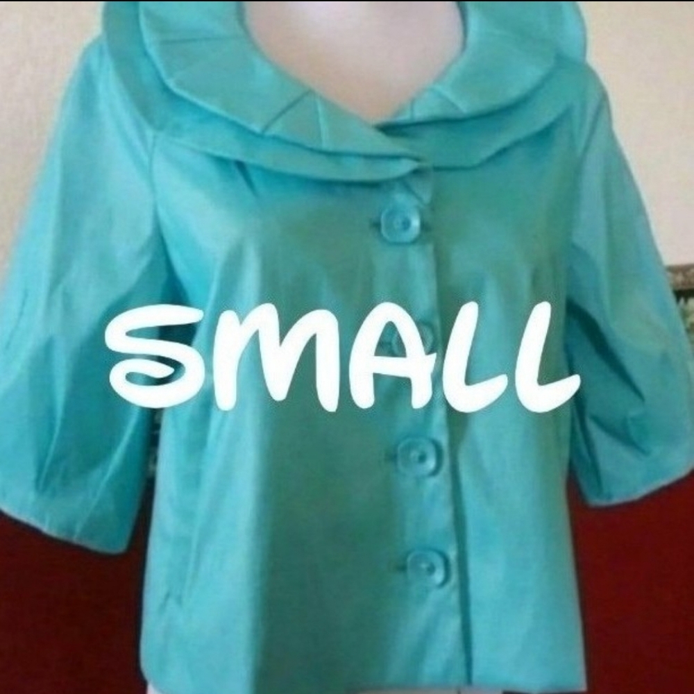 NWT Samuel Dong Ruffle Collar Top Jacket Turquoise Taffeta SMALL WOMENS Small